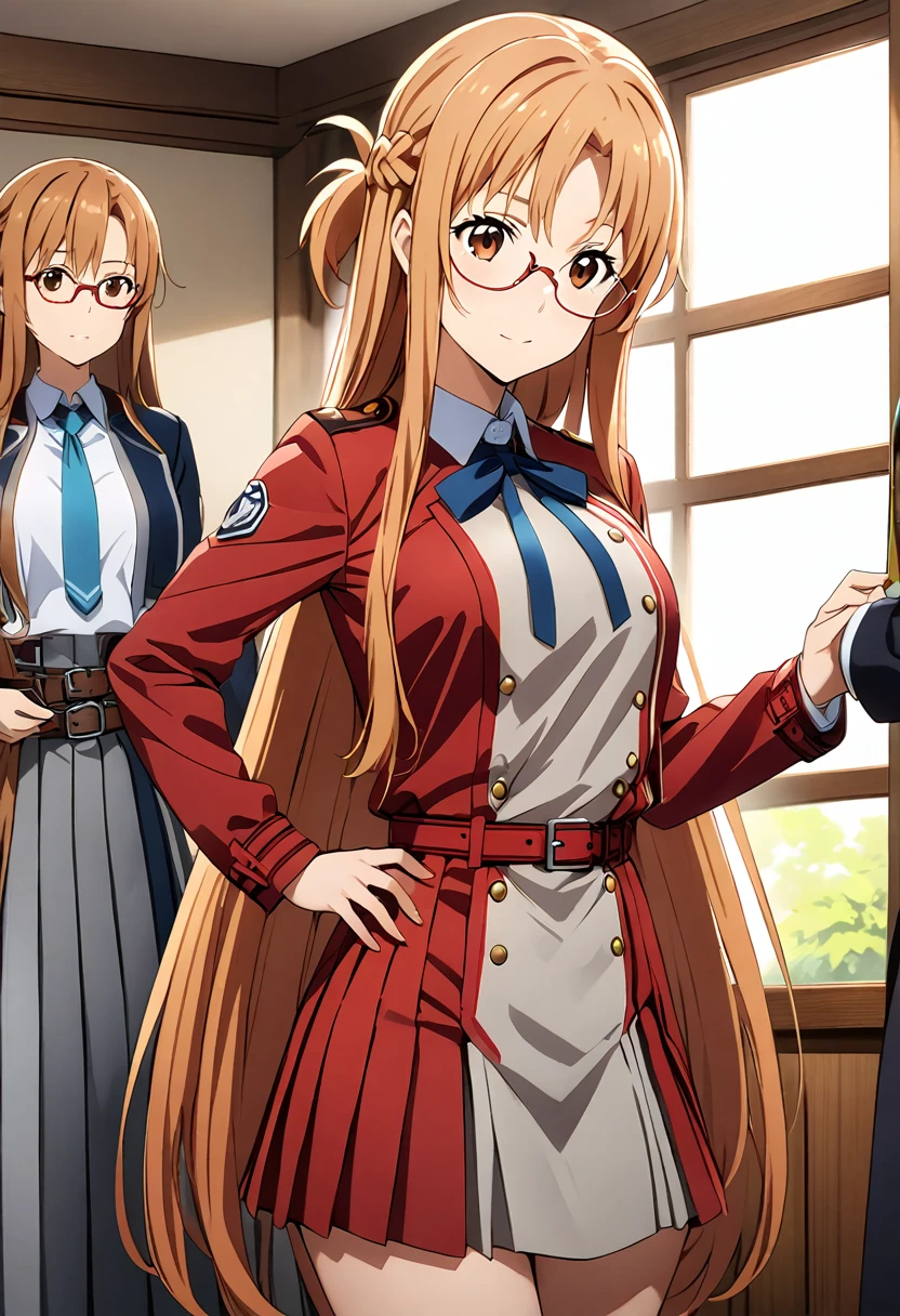 Best Quality、Very detailed、High resolution illustrations、Ultra-high-definition CG、８k size wallpaper、Production art、Yuuki Asuna, Glasses、Long Hair, bangs, Brown Hair, Brown eyes, very Long Hair, Braiding, shirt,　lycoris uniform, long sleeves, dress, ribbon, white shirt, collared shirt, belt, neck ribbon, red dress, blue ribbon, pleated dress, grey dress, two-tone dress, Red Belt, 