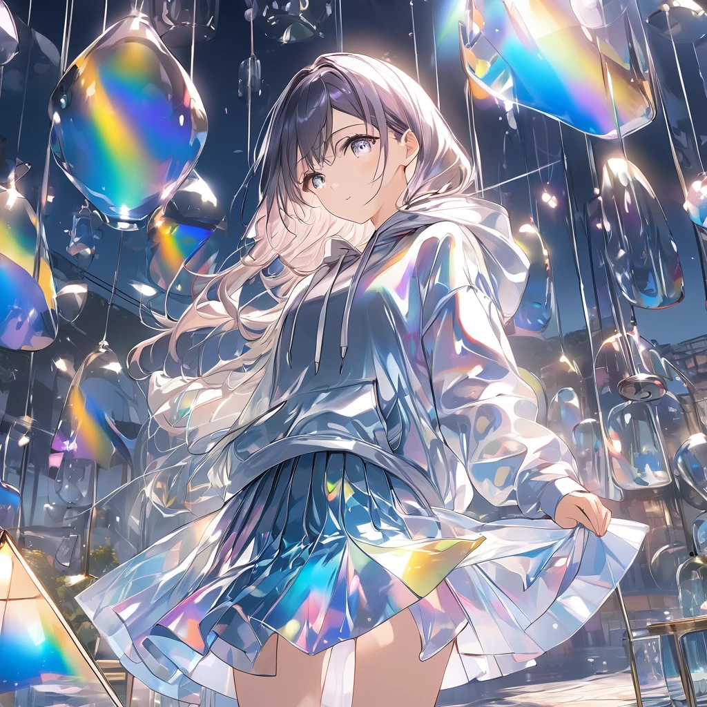 anime、((Amazingly absurd)),(masterpiece:1.2),超High resolution, Attention to detail, high quality, High resolution, 最high quality, 4K, 8k、One woman,Glass Clothes,hoodie,skirt,Iridescent,Mysterious