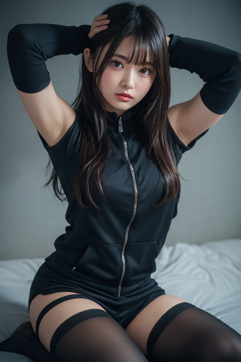 top quality, masterpiece, beautiful face, beautiful hair, black tights, sweat suit, android girl, arms mechanical, individualism, murder club, inorganic,