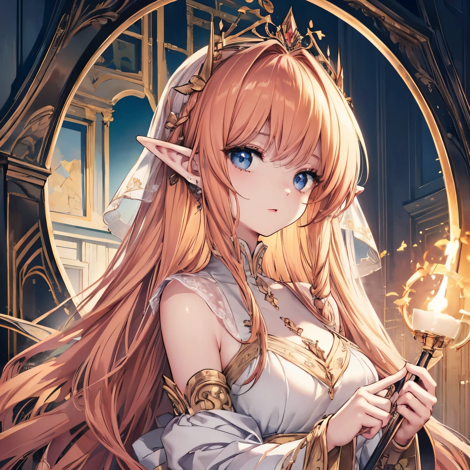 high quality, masterpiece, Delicate hair, Delicate eyes, Delicate hair, ((masterpiece, 最high quality)), high quality, masterpiece, Delicate hair, Delicate eyes, Elf Queen, Elf Ears, woman, Sharp golden eyes,  Redhead, Large Breasts, glamorous, Mysterious Appearance, Gothicta, Has a big bow, Archery Master, Detailed anime style illustration, Strong expression, Hidden aura of power, high quality detailed art（Delicate expression）（Detailed hair depiction）（最high quality）（masterpiece) masterpiece, Best quality and in great condition, Very detailed