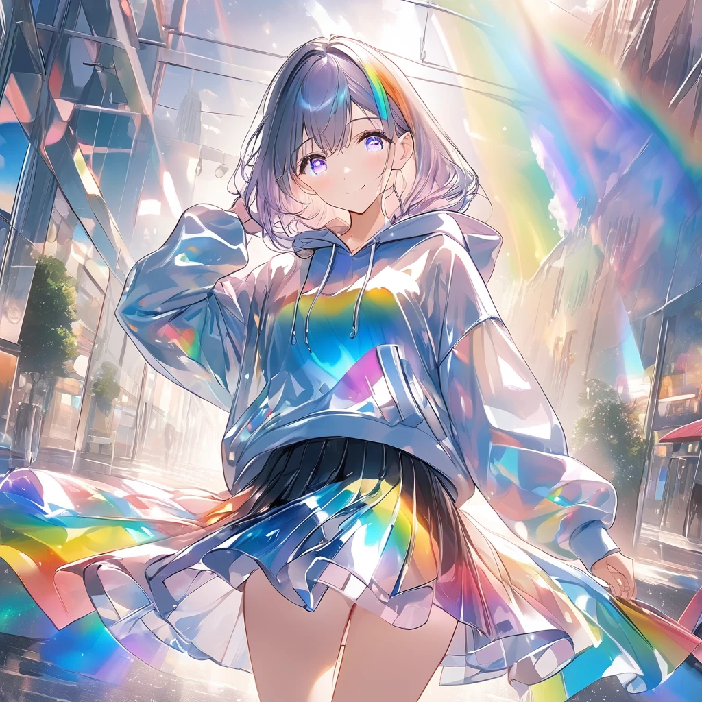 anime、((Amazingly absurd)),(masterpiece:1.2),超High resolution, Attention to detail, high quality, High resolution, 最high quality, 4K, 8k、One woman,Glass Clothes,hoodie,skirt,Iridescent,Rainbow Eyes,Shining Eyes,Looking at me and smiling,Mysterious