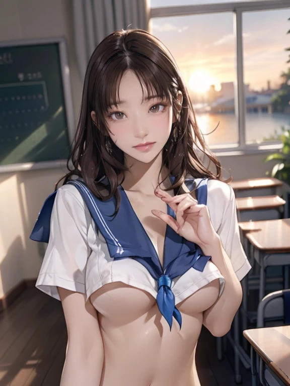 (8k,Photorealistic, masutepiece, Best Quality, Raw photo:1.3)、1girl in, 25years old,Solo,adult girl, Long hair, Brown hair, (Detailed real beautiful pearl skin:1.2),Detailed beautiful face, alluring face, (Detailed beautiful brown eyes:1.2), big breasts,(underboob:1.3),(coverd nipples:1.1),(loos school uniform :1.35), ( Perfect body skinny beauty: 1.4),( temptation Pose:1.3), (Looking at Viewer, front view,eyes focus:1.2), Detailed background, (sunset:1.2), classroom,fine detailed, intricate detailes,  Ray tracing, depth of fields, seductive smile,classroom,