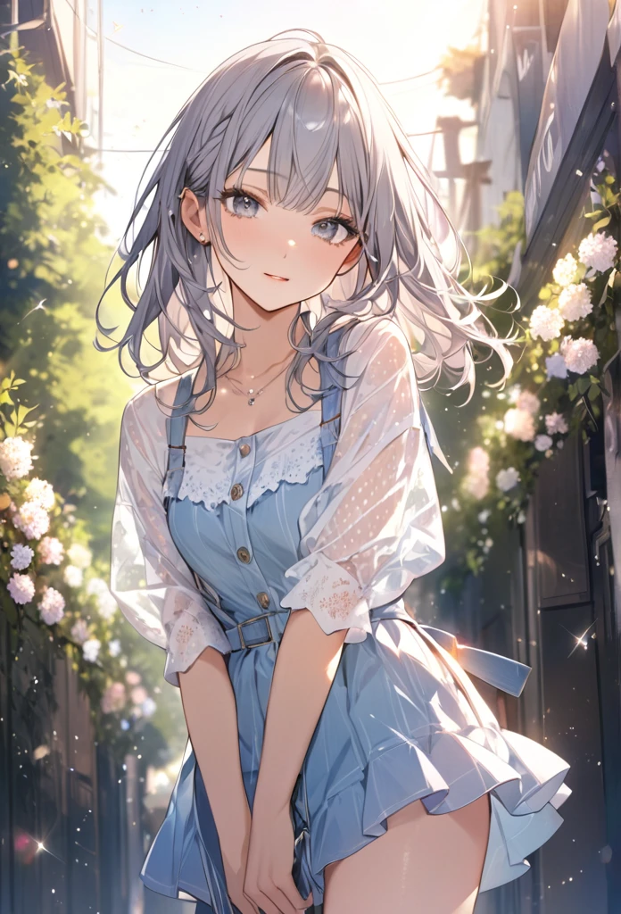 Highest quality　masterpiece　High resolution　Masterpiece Grey Eyes　ショートヘアー、
Casual spring outfit　、
flowerpunk、Sparkling light particles、Vivid gradient effect