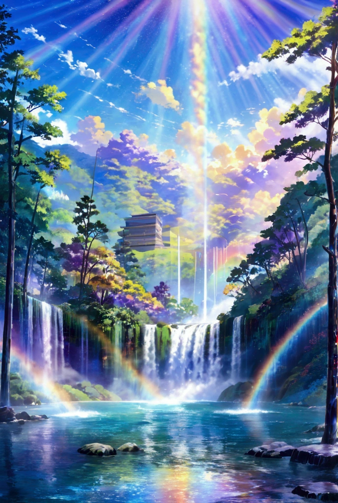 rainbow色、rainbow、Rainbow colored世界、sun，Dazzling Light，Light，Shine，torii，waterfall，Streaks of Light，High resolution, High resolution, 8k, Masterpiece 2:1,16k, 超High resolution, 超High resolution, Born,wonderful ,future、Rainbow colored、The world after 100