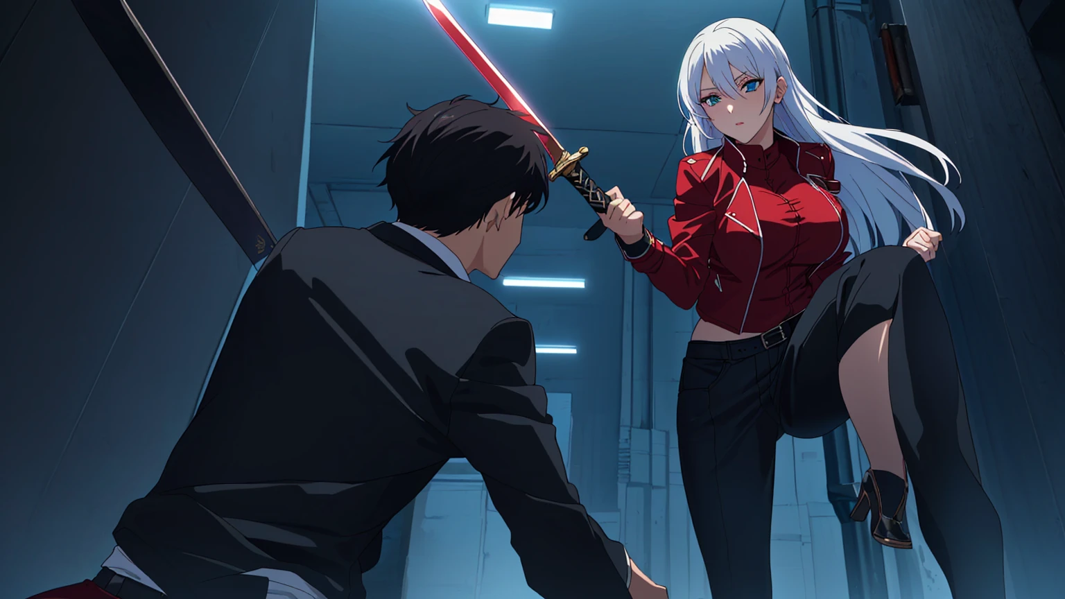 anime scene of a woman holding a sword and a man in a suit, sexy girl, white hair, Woman with big breasts, Sensual, girl threatening the boy, girl in fighting stance, sexy girl, sexy clothes, mini short Sensual, girl with mini shorts, red leather jacket, jacket (red), bariga from outside, beautiful face, Detailed eyes