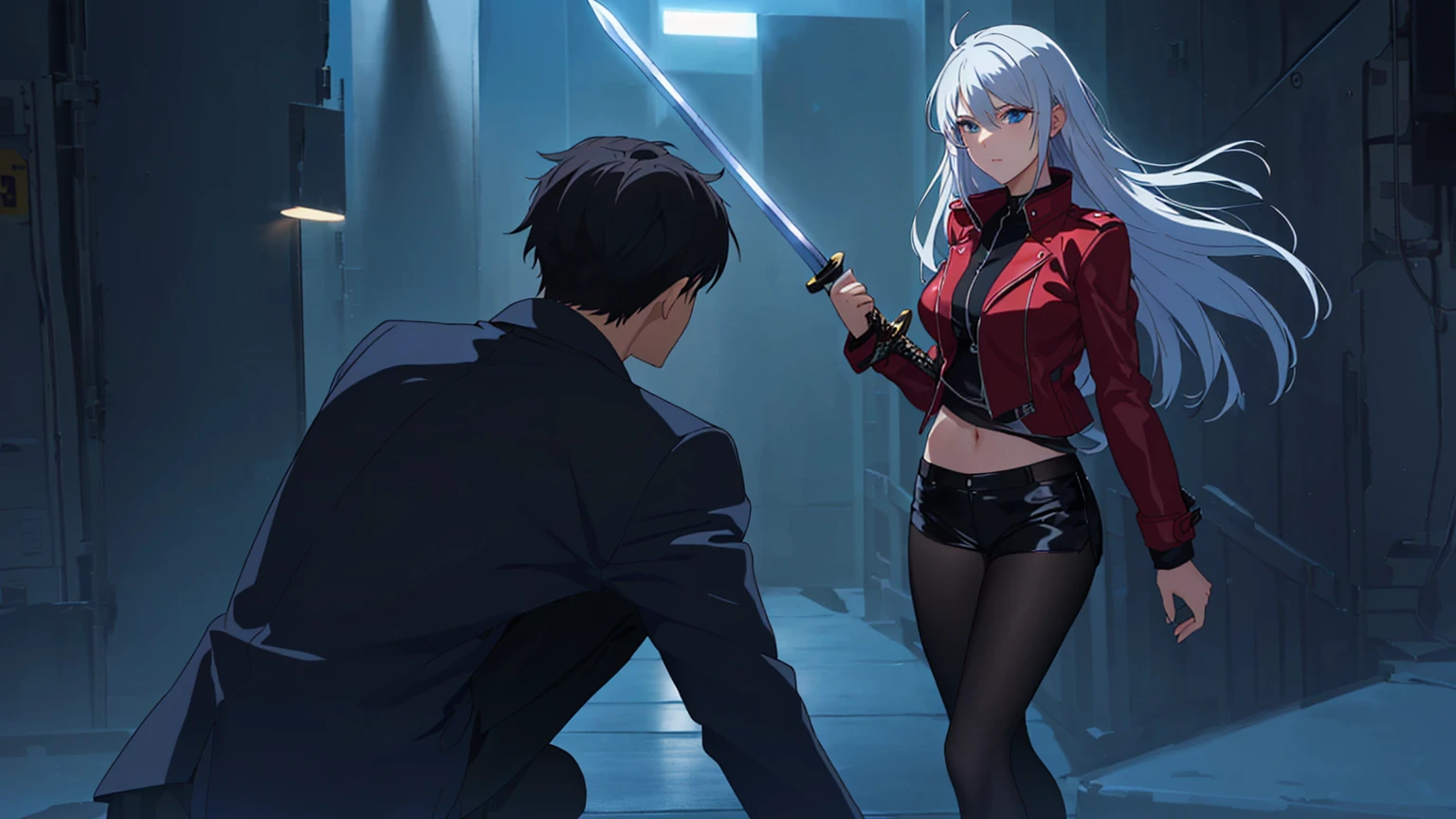 anime scene of a woman holding a sword and a man in a suit, sexy girl, white hair, Woman with big breasts, Sensual, girl threatening the boy, girl in fighting stance, sexy girl, sexy clothes, mini short Sensual, girl with mini shorts, red leather jacket, jacket (red), bariga from outside, beautiful face, Detailed eyes, man crouching on the floor with arm raised, man surrendering