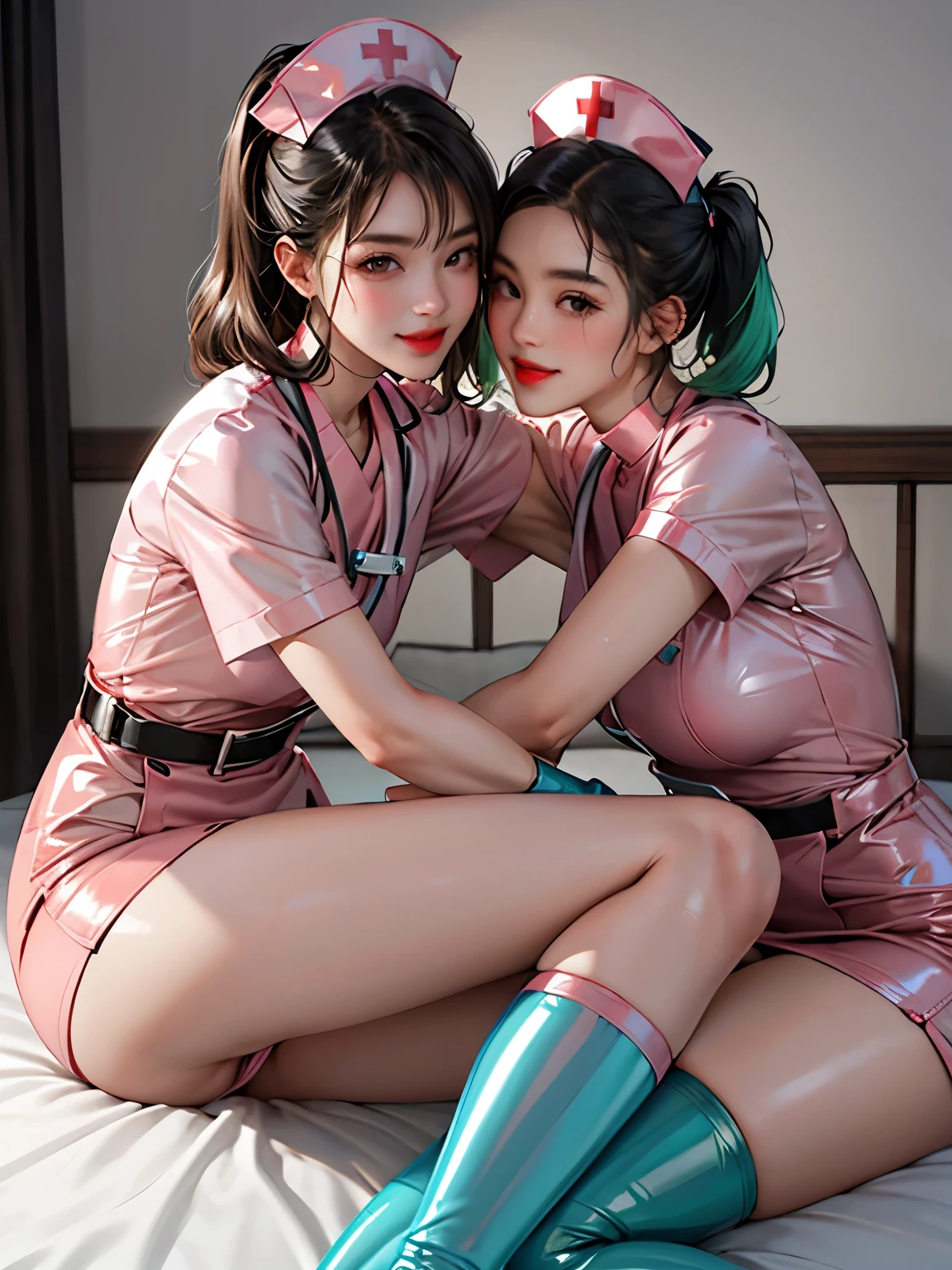 (masterpiece:1.0), (Best Quality:1.4), (high resolution:1.2), (Photorealistic:1.4), (8K, Raw photo:1.2), (Soft Focus:1.4),BREAK,(There is 2 girls wearing latex nurse who is hugging each other and smiling and taking pictures:1.2),full body lesbian,( her whole body covered with black latex:1.3),BREAK ,(one girl is wearing a translucent latex clear nurse:1.4),BREAK,(another girl is wearing a translucent latex clear nurse:1.4),BREAK,Slime skin,smooth tight nurse, translucent skin,Latex, Translucent body,latex shiny,detailed hand fingers,(glossy latex gloves:1.2), The perfect costume for your skin,BREAK,bob hair,(mint hair:1.3),glossy shiny reflective,natural make up,goddess of Japan, Glossy skin,gorgeous japanese model,Tecateca,shiny,Slimy,(Glossy black thigh-high boots:1.2),BREAK,detailed background, in a luxurious room in a luxurious hospital, smile, (pureerosface_v1:0.3)