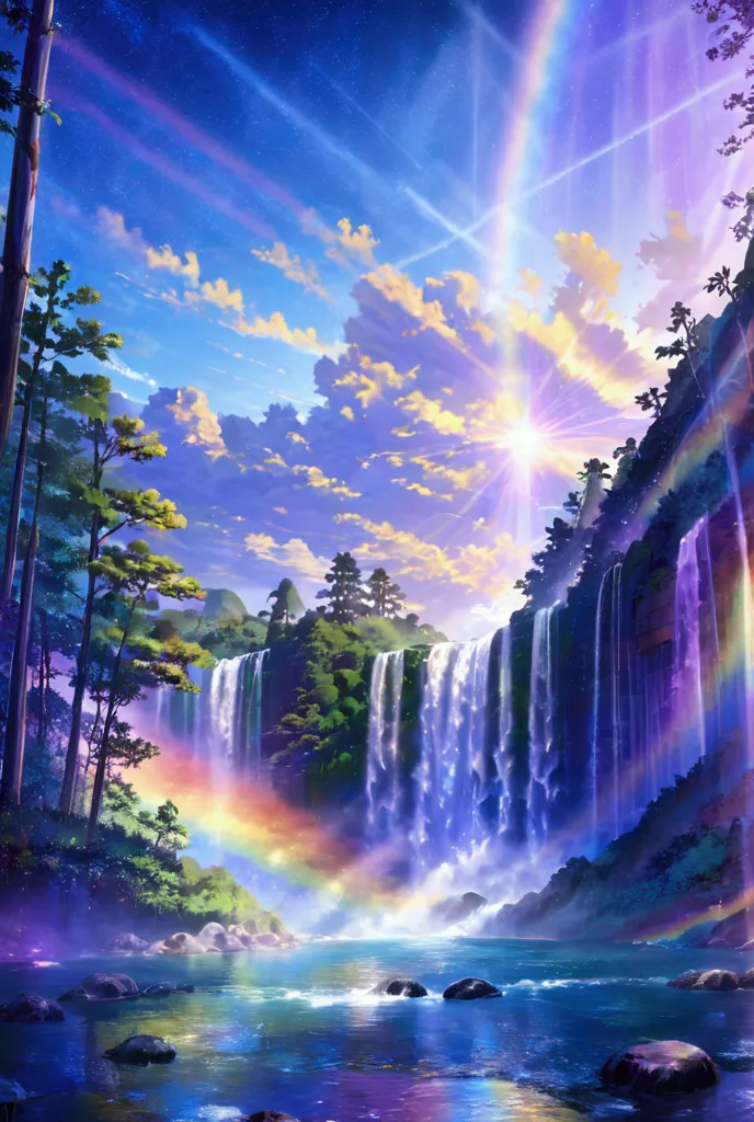 rainbow色、rainbow、rainbow colored世界、sun，dazzling light，light，shine，torii，waterfall，streaks of light，high resolution, high resolut...