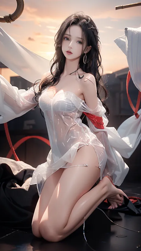 4，(((1 girl，unique, beautiful girl, bishoujo， (tempting:1.3)，desire，deep v，exposed breasts，wavy lines，fold，cleavage cutout，shock...