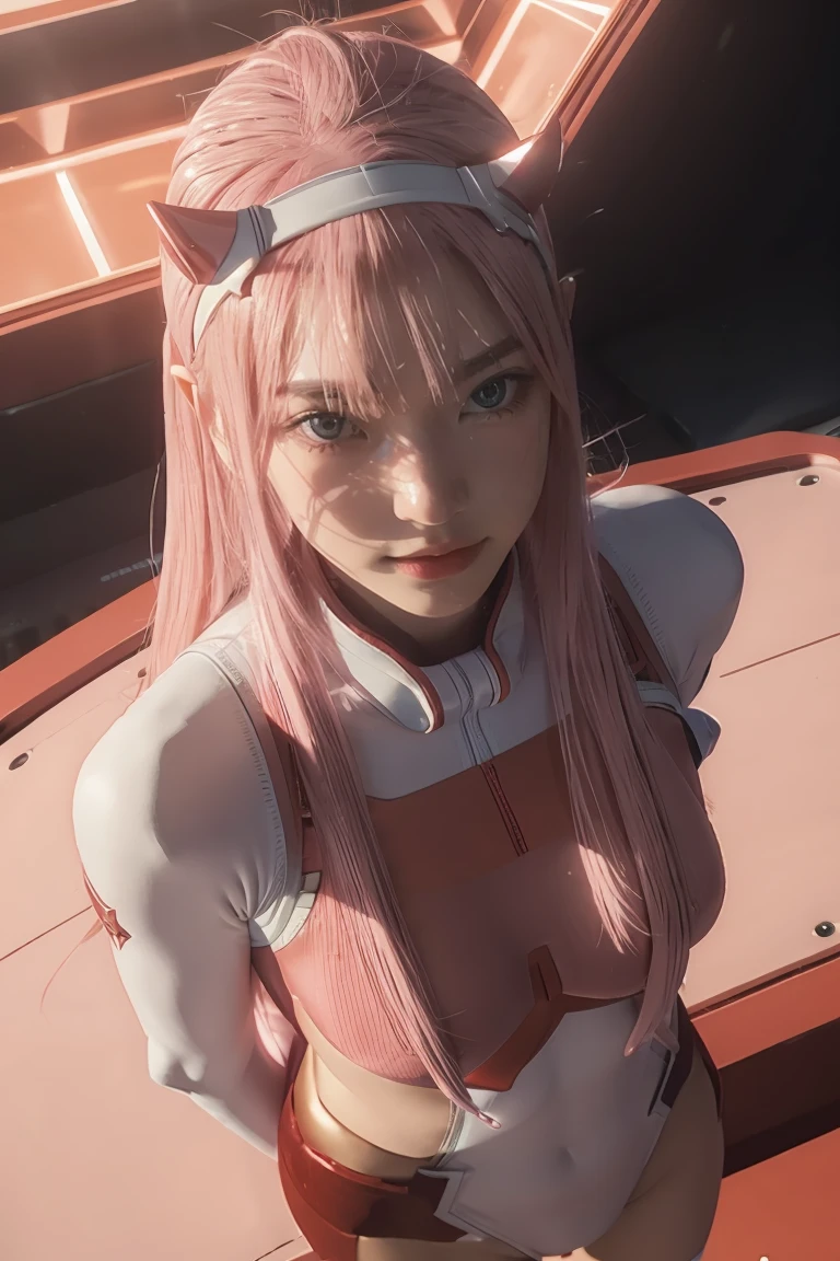 (Overhead view),dynamic angle,ultra-detailed, illustration, straight on, 1girl, ((Zero two, interface headband with a pair of horns, red bodysuit:1.4, pink hair)), Her eyes shone like dreamy stars,(glowing eyes:1.233),(beautiful and detailed eyes:1.1),(expressionless, closed mouth),(standing), (mechanic room with tools and spaceship window in a white SPACESHIP), (night:1.2), dreamy, [[delicate fingers and hands:0.55]::0.85],(detail fingers), smirk,