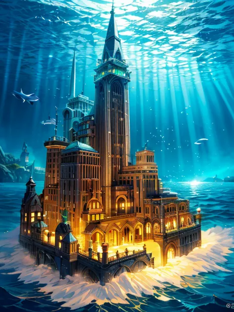 a mystical mysterious island city the ocean, floating island city bioshock, rapture, mist surrounding the island building, myste...