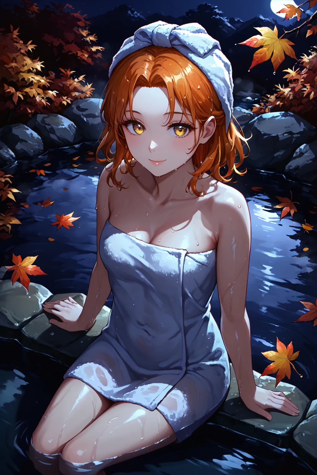 fraction_9, fraction_8_up, fraction_7_up, (1 girl, solitary), orange hair, medium length hair, yellow eyes, wear a towel on your...