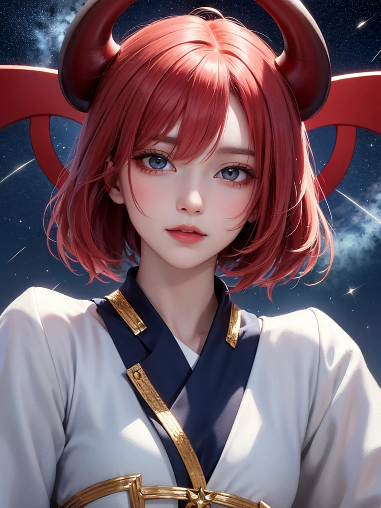 masterpiece，Best Quality，8k，Detailed skin texture，Detailed cloth texture，Beautifully detailed face，Intricate details，Ultra-detailed，Portrait of Rei Ayanami，Red Hair，Red colored eyes，頭にPixieの角,Pixieカット，Shining Skin Hair Ornaments,Gold Hair Ornament,Red colored eyes，、Devil horns on head、Blue starry background,Shooting star in the sky,Small breasts,Front of face,Wizard Robe,One person,Shrine Maiden&#39;s Clothing,sex appeal,Black Robe、頭にPixieの角、 Pixie、Horns on the head、Devil Woman、 Little Devil、Black horns on the head、頭にPixieの黒色の角、Red Eye