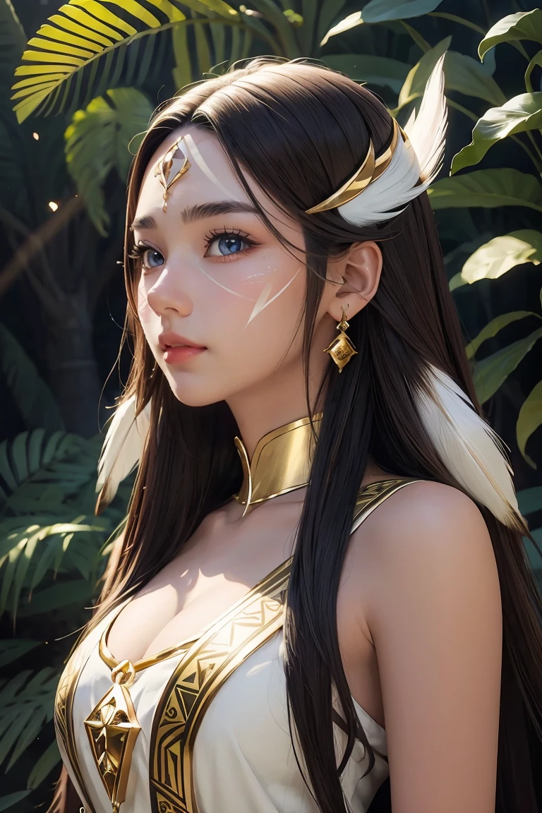 anime girl with white face paint and golden jewelry in the forest, Native American woman, aztec princess, fantasy art style, dark skinned female goddess of love, beautiful avatar photos, rossdraws | tanned skin, epic fantasy art style, brunette anime manga girl, :: rossdraws, artgerm y rossdraws, rossdibuja 2. 5, digital anime illustration, extremely detailed artistic germ