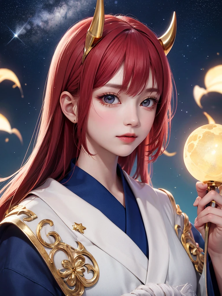 masterpiece，Best Quality，8k，Detailed skin texture，Detailed cloth texture，Beautifully detailed face，Intricate details，Ultra-detailed，Portrait of Rei Ayanami，Red Hair，Red colored eyes，頭にPixieの角,Pixieカット，Shining Skin Hair Ornaments,Gold Hair Ornament,Red colored eyes，、Devil horns on head、Blue starry background,Shooting star in the sky,Small breasts,Front of face,Wizard Robe,One person,Shrine Maiden&#39;s Clothing,sex appeal,Black Robe、頭にPixieの角、 Pixie、Horns on the head、Devil Woman、 Little Devil、Black horns on the head、頭にPixieの黒色の角、Red Eye