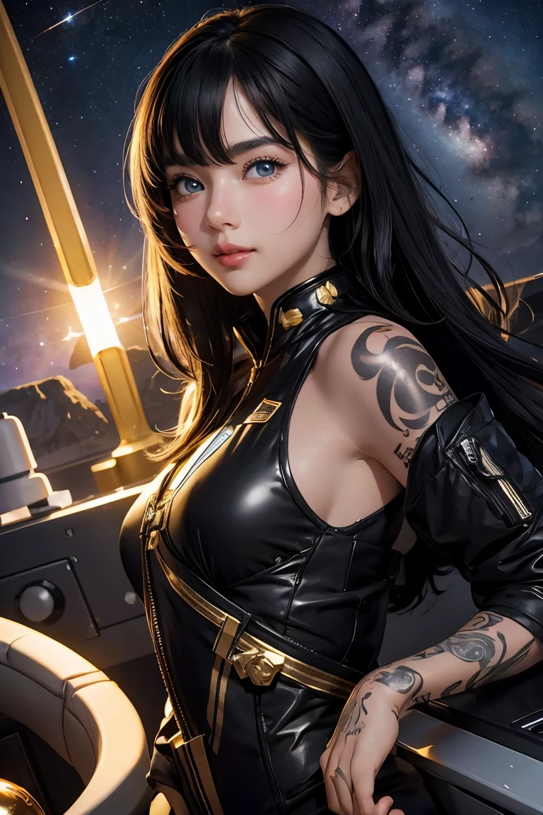 (8k), (highest quality), (best details)space base、Milky Way、jet black hair、Shining golden eyes、tattoo、There&#39;s a cute French girl、Black Space Suit、unlimited、white skin、Massive black hole、Helmet