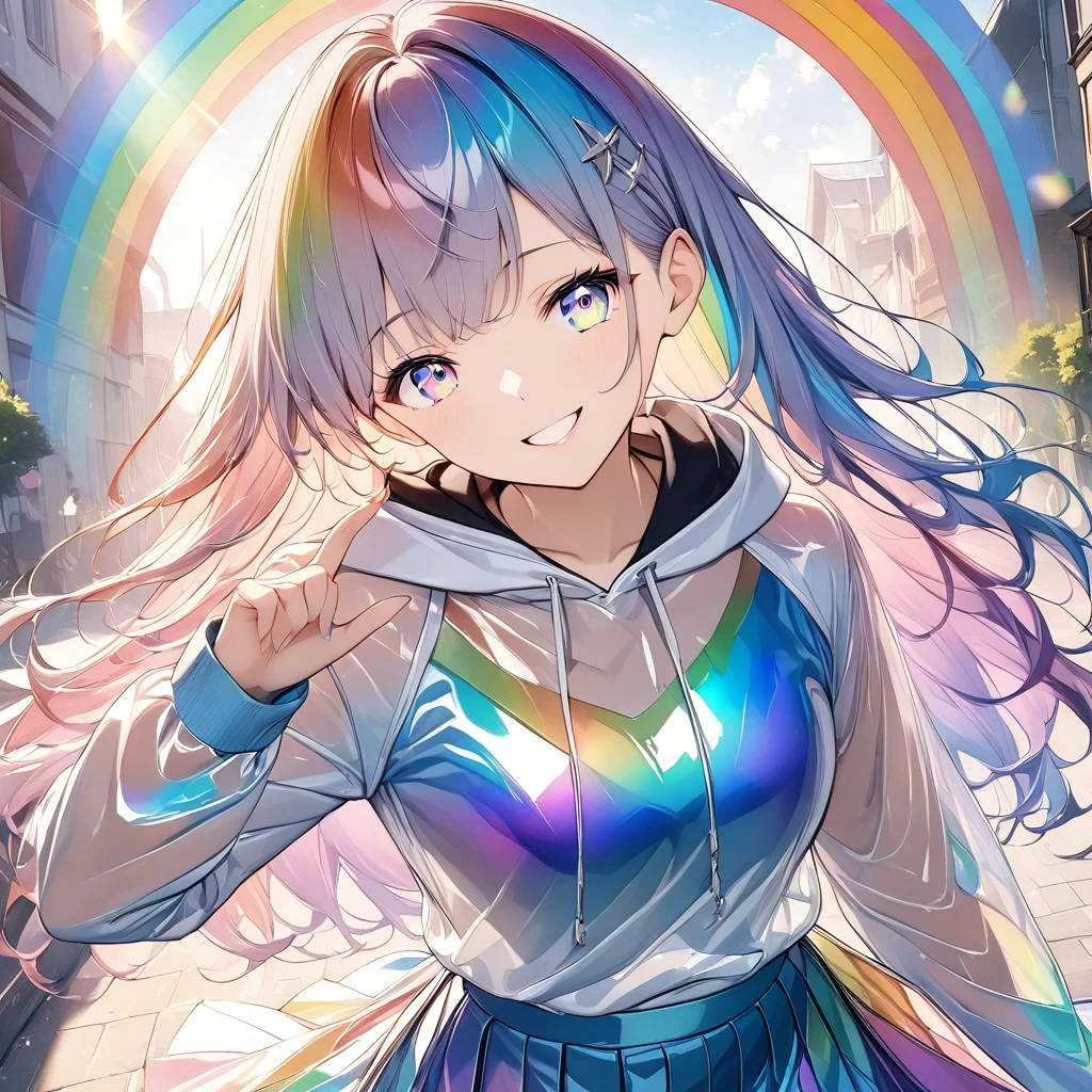 anime、((Amazingly absurd)),(masterpiece:1.2),超High resolution, Attention to detail, high quality, High resolution, 最high quality, 4K, 8k、One woman,Glass Clothes,hoodie,skirt,Iridescent,Rainbow Eyes,Wink,Shining Eyes,Looking at me and smiling,Mysterious