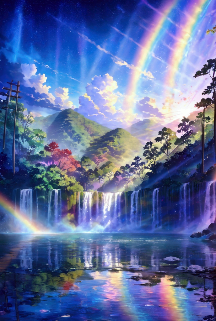 rainbow色、rainbow、Rainbow colored世界、sun，Dazzling Light，Light，Shine，torii，waterfall，Streaks of Light，High resolution, High resolution, 8k, Masterpiece 2:1,16k, 超High resolution, 超High resolution, Born,wonderful ,future、Rainbow colored、The world after 100 fantasy、night、Standing Boy