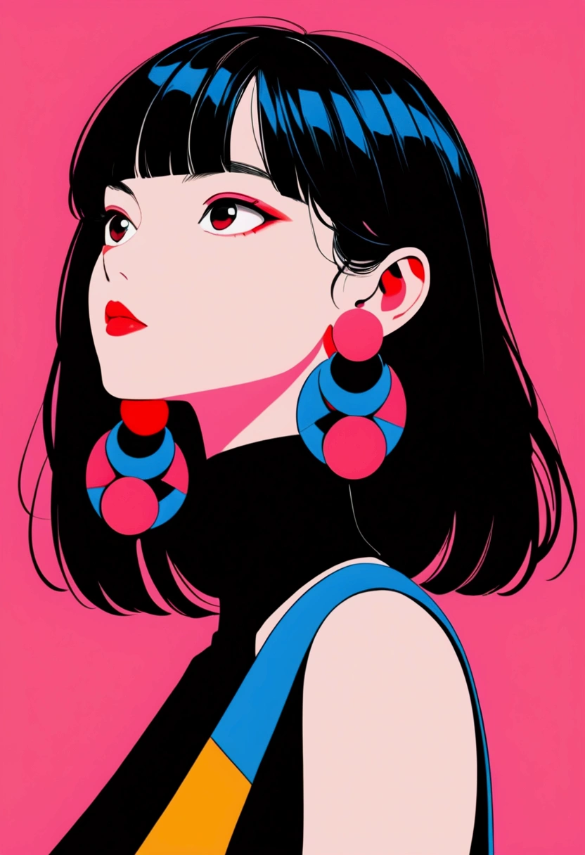 short, straight black hair with bangs, large round white and red earrings, standing with head turned to the side, wearing a black top with a blue collar, looking towards the right, pink background, bold and colorful illustration style, well-defined edges, high contrast colors, bright and lively atmosphere, artistic and modern.