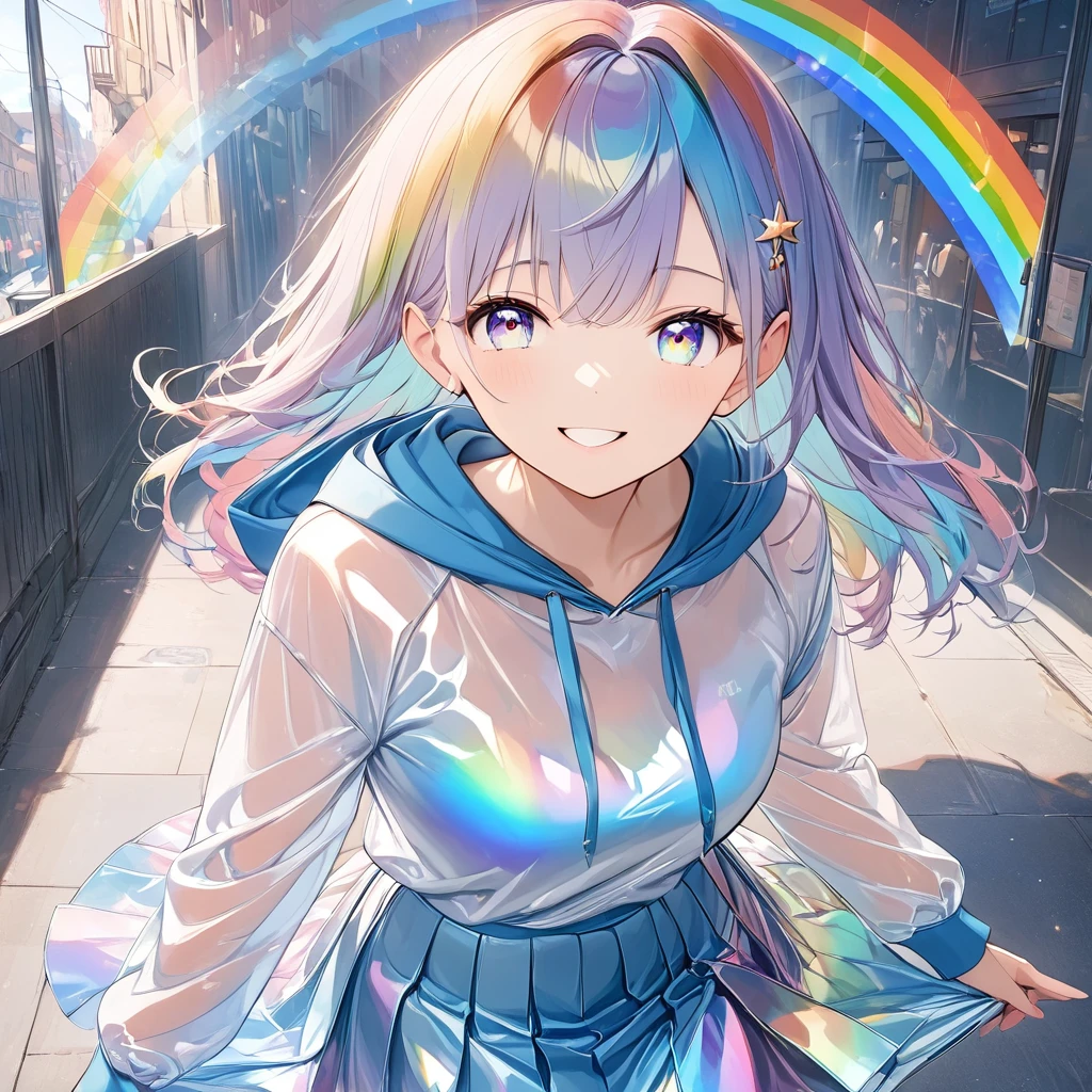 anime、((Amazingly absurd)),(masterpiece:1.2),超High resolution, Attention to detail, high quality, High resolution, 最high quality, 4K, 8k、One woman,Glass Clothes,hoodie,skirt,Iridescent,Rainbow Eyes,Wink,Shining Eyes,Looking at me and smiling,Mysterious