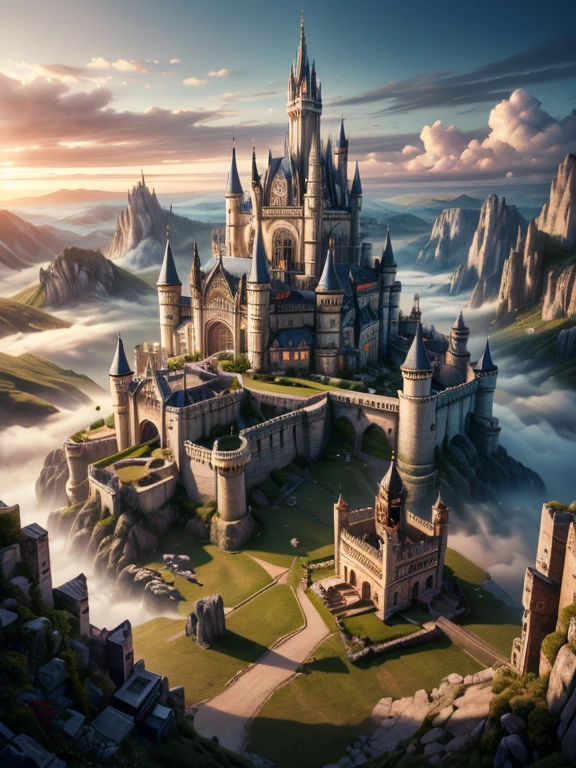 (masterpiece, Best Quality, shape, Subtle details, 8k:1.2),(Highly detailed CG Unity 8k wallpaper), (Best Quality), (Best illustrations), (Photo shoot by a professional photographer:1.2),(Best Shadow), Realistic lighting, ((Huge building under construction:1.2)),A scene of the tallest castle in the world. In the foreground, other castles have formed together to make a giant castle city, a diverse castle shapes and sizes, spires. Massive fortress of stone. B 