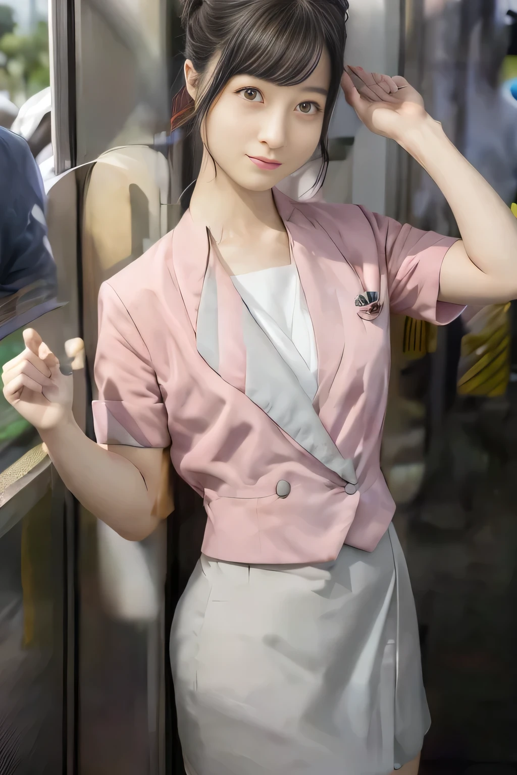 (masterpiece:1.2, Best Quality:1.2), 32K HDR, High resolution, (Alone、1 girl)、（On the roof of a building during the day、Professional Lighting）、Building rooftop background、（Nankai train crew uniform pinkを着たリアルスタイル）、（Nankai Railway crew uniform, pink, short sleeve, collarless, pink jacket、Nankai Railway crew uniform pink no-collar short-sleeve blouse、Nankai Railway crew uniform pink grey knee-length culottes）、（（The bottom of the pink short-sleeved jacket cannot be tucked into the clay-colored culottes..））、Dark brown hair、（Hair tied up、Hair Bun、Hair Bun）、Dark brown hair、Long Shot、Big Breasts、Thin legs、（（Great hands：2.0）），（（Harmonious body proportions：1.5）），（（Normal limbs：2.0）），（（Normal finger：2.0）），（（Delicate eyes：2.0）），（（Normal eyes：2.0））)、smile、（Nankai Railway crew uniform pink grey knee-length culottesを見せた美しい立ち姿）
