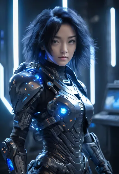 a woman wearing exoskeleton cyber armor, the armor fits snugly、she has a plasma gun in her hand., (full body portrait), maximum ...