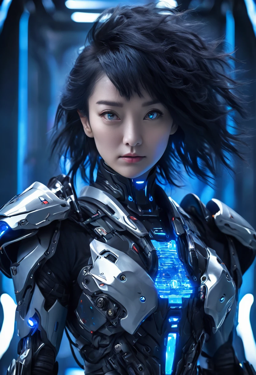 A woman wearing exoskeleton cyber armor, The armor fits snugly、She has a plasma gun in her hand., (Full body portrait), Maximum details, Detailed drawings and excellent quality, 8k,chest, blue eyes, High resolution, 超High resolution, Best Quality, Shortcuts, Black Hair, 大きなchest, (Cinematic Lighting Effects), ((High tech spaceship interior with futuristic blue light lighting)), ((Black Hair))，