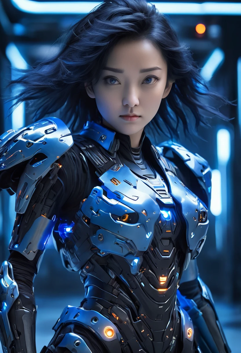 A woman wearing exoskeleton cyber armor, The armor fits snugly、She has a plasma gun in her hand., (Full body portrait), Maximum details, Detailed drawings and excellent quality, 8k,chest, blue eyes, High resolution, 超High resolution, Best Quality, Shortcuts, Black Hair, 大きなchest, (Cinematic Lighting Effects), ((High tech spaceship interior with futuristic blue light lighting)), ((Black Hair))，