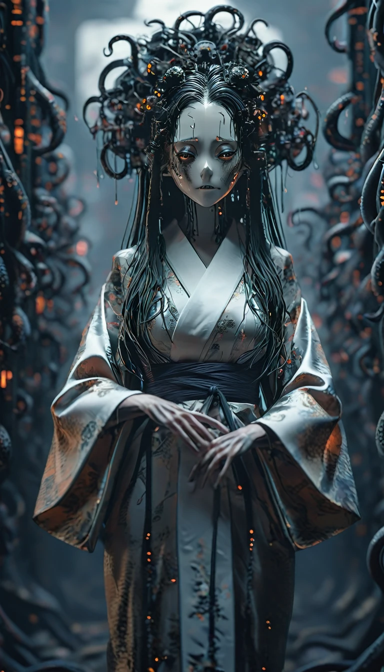 A giant with hair as thin as cards and a mess of tentacles.、Eyes３t、Six arms、Android。Steampunk Japanese Town、There are a lot of monsters behind、Full Body Shot、Horror movie stills,、gentle, A female yokai with long hair wearing a pure white wedding kimono,（Head size 1:４) (Full body portrait:1.3), (Detailed bad face of a woman:1.4), I am wearing a kimono, Shallow depth of field, Vignette, Very detailed, high budgetボケ, CinemaScope, Sulky, wonderful, ホラー wonderful, Film Grain, Granules . spooky, Worried, dark, spooky, Suspenseful, strict, Very detailed