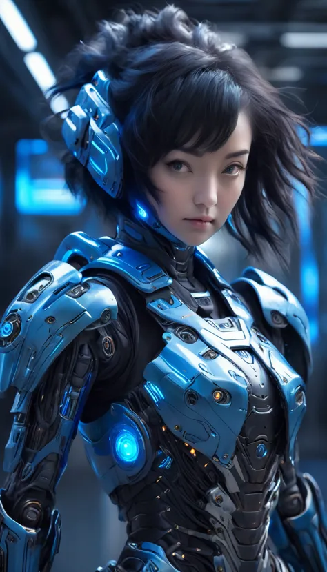 a woman wearing exoskeleton cyber armor, the armor fits snugly、she has a plasma gun in her hand., full body portrait, maximum de...