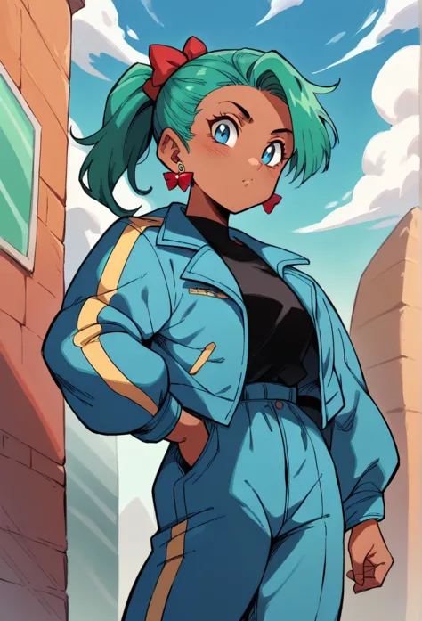 1 girl, dark skinned woman, blue-green hair,ponytail, blue pants with yellow stripes, blue jacket, black blouse underneath, crys...