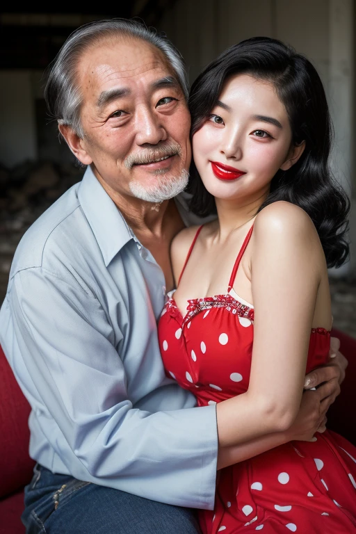 1952, Seoul, (((1 korean young girl and 1 old korean homeless man facing each other))), {1 girl, 2, big breasts, strikingly beautiful, delicate facial features, porcelain skin, expressive eyes, black hair, red lips, sexy, alluring pin-up girl in red dress with big polka dots, ((pin-up hairstyle)), blowing air kiss, slim waist, big breasts, juicy lips, ((awe and joy expression))}, in the abandoned and destroyed building, (korean young girl sitting on the sofa),(((60 years old korean man is homeless style))), (((60 years old korean man hugging on korean young girl's chest))), focus on old man,