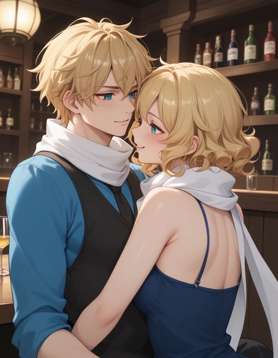 Couple having sex、A slim young man with blonde hair(Blonde、Thin eyebrows、Scar on left eye、Curly Hair、Curly hair、Short Hair、Round eyes、Thin eyebrows、Korean idol style、Blue Shirt、White scarf around neck、Black vest)and、White skinned woman having sex、Tavern
