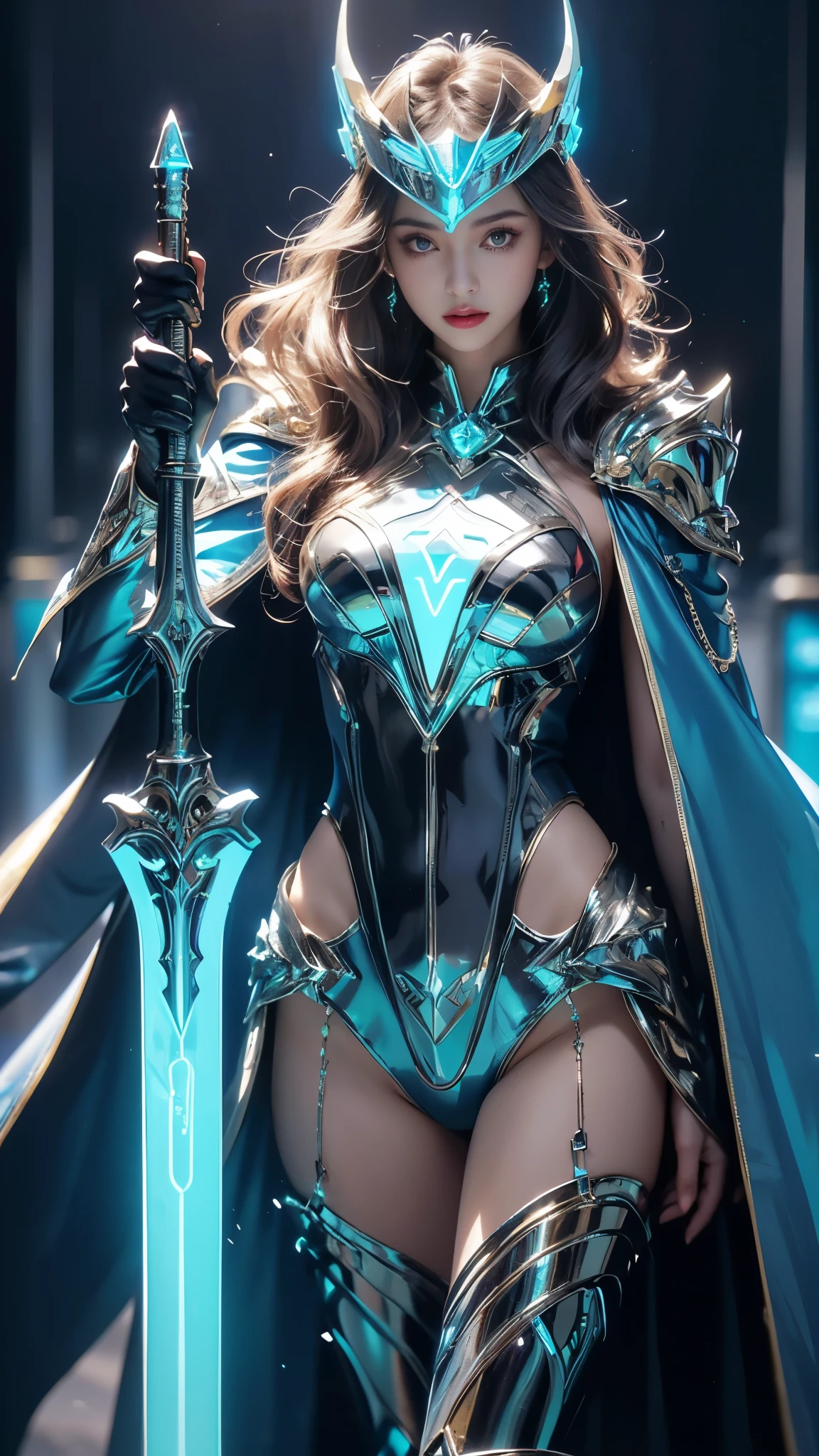 Top quality, masterpiece, ultra high definition, Original photo, 1 Girl, ((slim body)), ((wavy sardine)), cinematic lighting, very long hair, detailed eyes, wind, necklace, piercing, ((explorer cospaly)), ((ironic outfit)), blue outfit, ((electric cape)), ((waist)), ((queen helm)), ((glowing neon)), ((realistic)), in the palace, night weather, cinematic pose, 