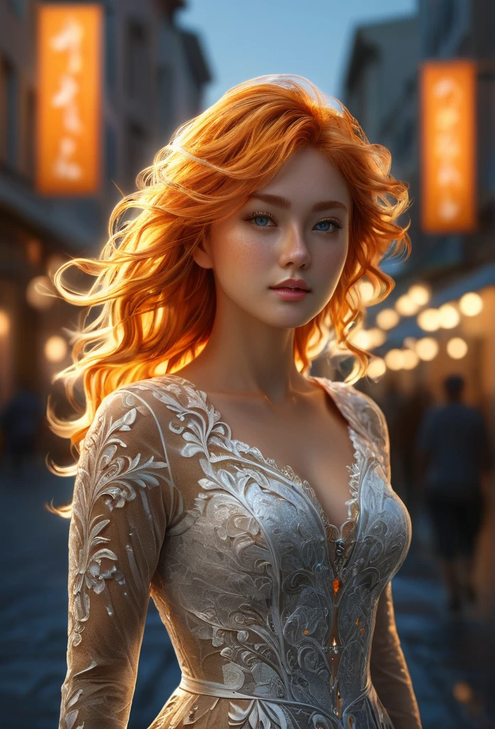 A full body image of A girl made of contour of light, density of contour, fiery orange blonde hair_Messy and thick waves, contour of light, jewel_particle, light_contour, light, light particle, (Best quality,4K,8k,High resolution,masterpiece:1.2),Very detailed,(Realistic,photoRealistic,photo-Realistic:1.37),HDR, Ultra high definition, studio lighting,Ultra-precision painting,sharp focus,Physically Based Rendering,Very detailed 설명, professional, Vivid colors, bokeh, concept art