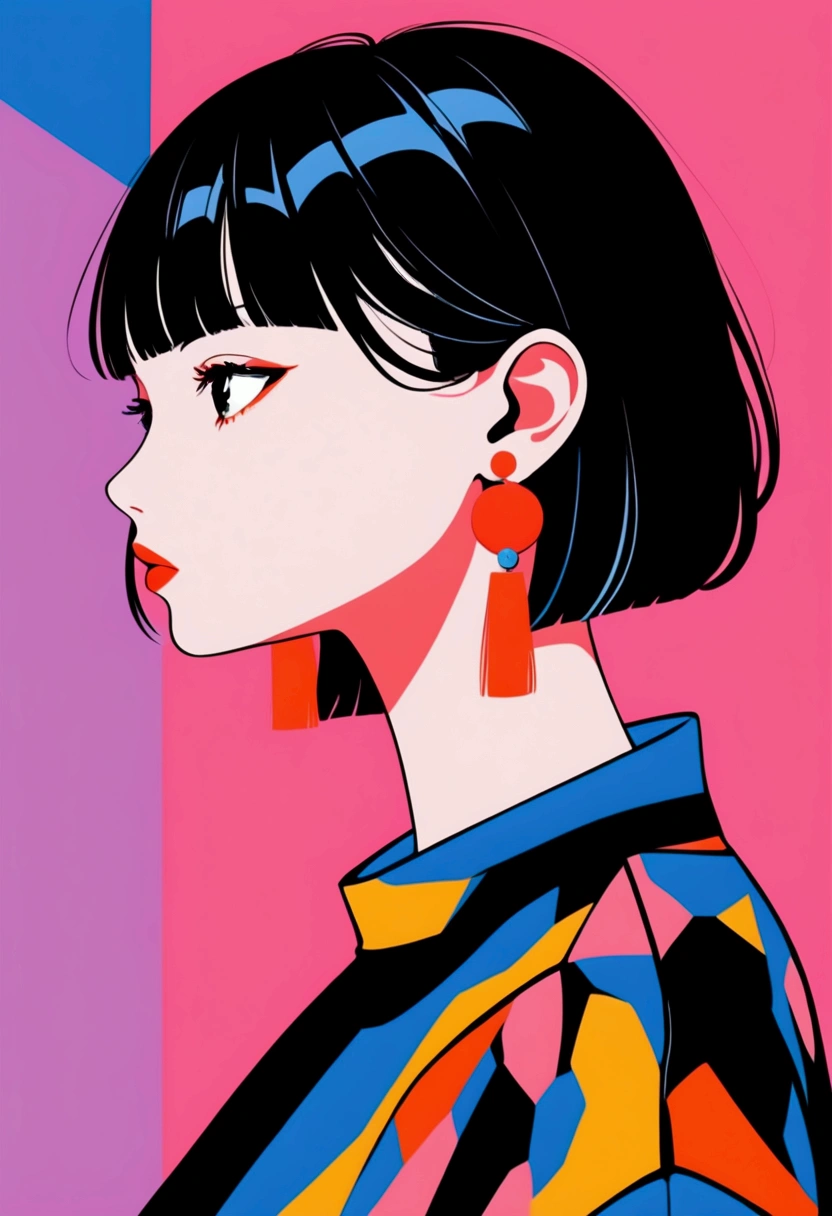 short, straight black hair with bangs, large round white and red earrings, standing with head turned to the side, wearing a black top with a blue collar, looking towards the right, pink background, bold and colorful illustration style, well-defined edges, high contrast colors, bright and lively atmosphere, artistic and modern.