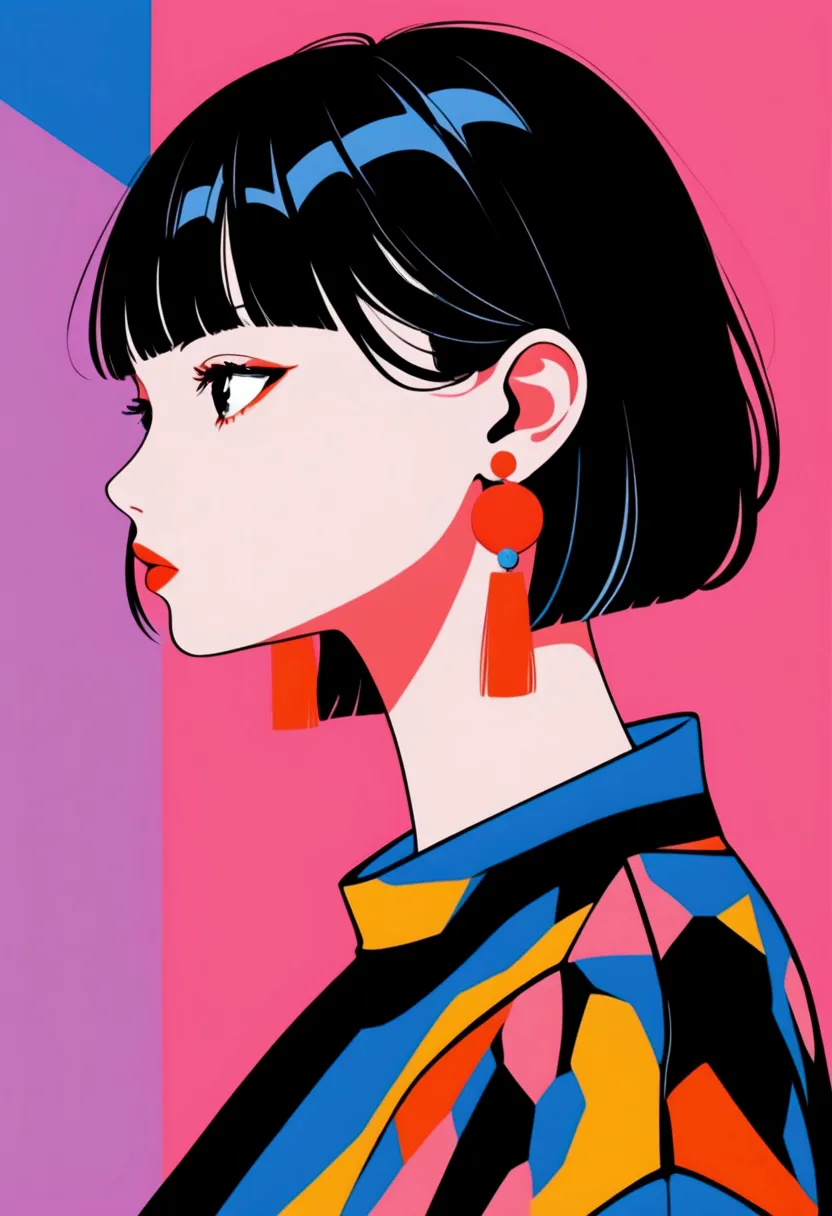 short, straight black hair with bangs, large round white and red earrings, standing with head turned to the side, wearing a blac...