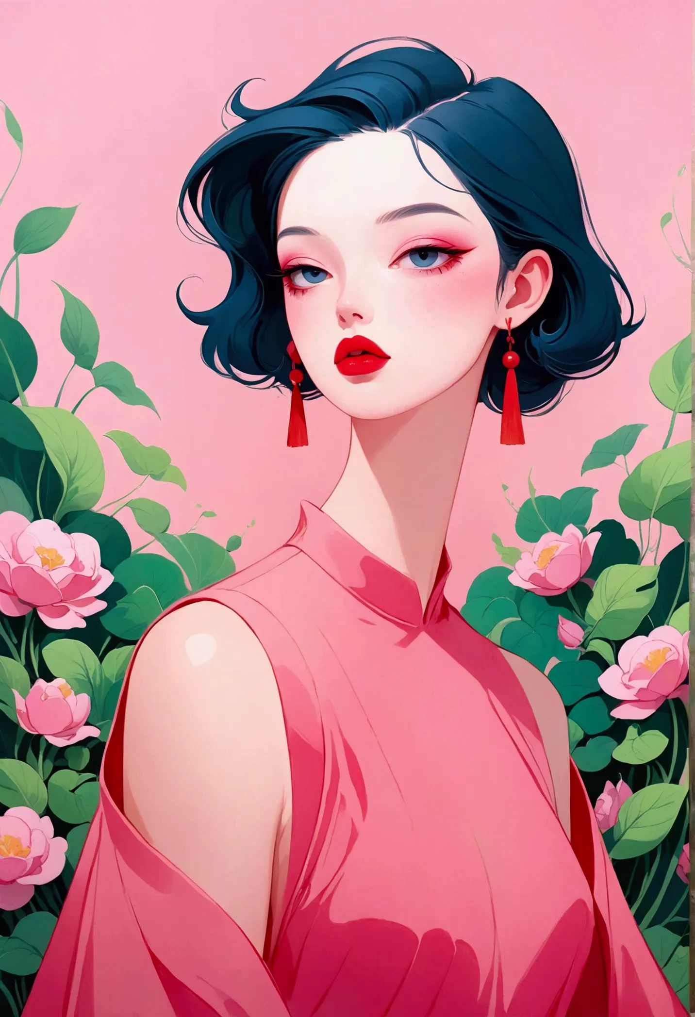 painting of a woman with a pink dress and red lips, rossdraws pastel vibrant, inspired by james jean, loish |, loish art style, ...