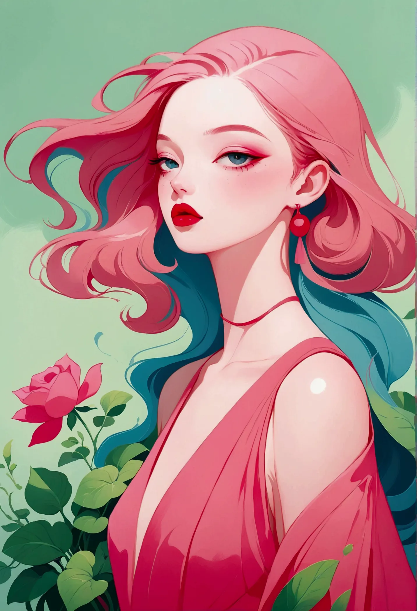 painting of a woman with a pink dress and red lips, rossdraws pastel vibrant, inspired by james jean, loish |, loish art style, ...