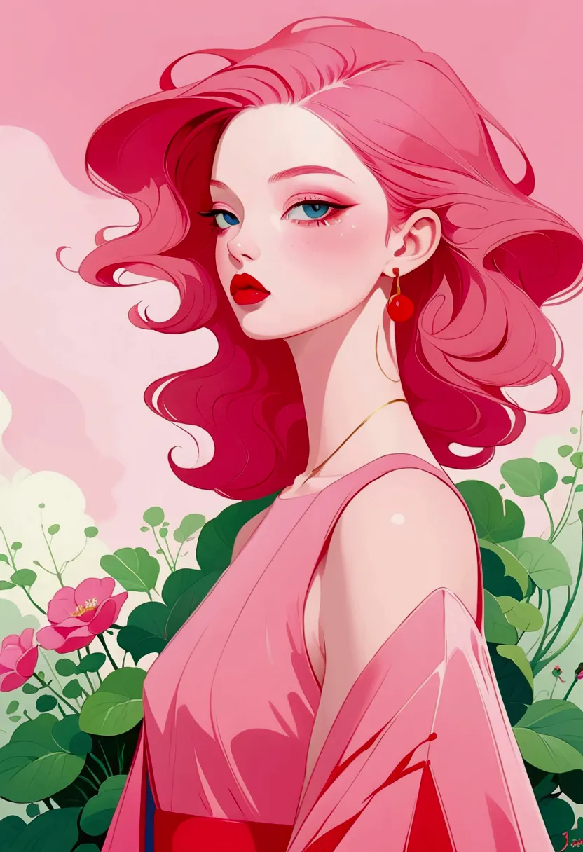 painting of a woman with a pink dress and red lips, rossdraws pastel vibrant, inspired by james jean, loish |, loish art style, ...