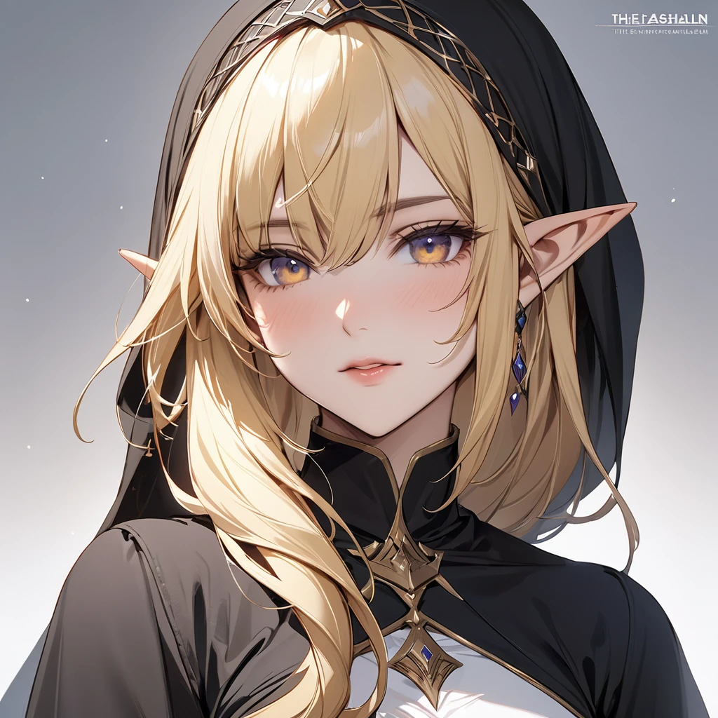 ((Best Quality)), ((masterpiece)), (detailed), （Perfect Face）、The female high elf is Seras Ashlain, a Muslim-looking high elf with medium-long blonde hair wearing a black hijab.