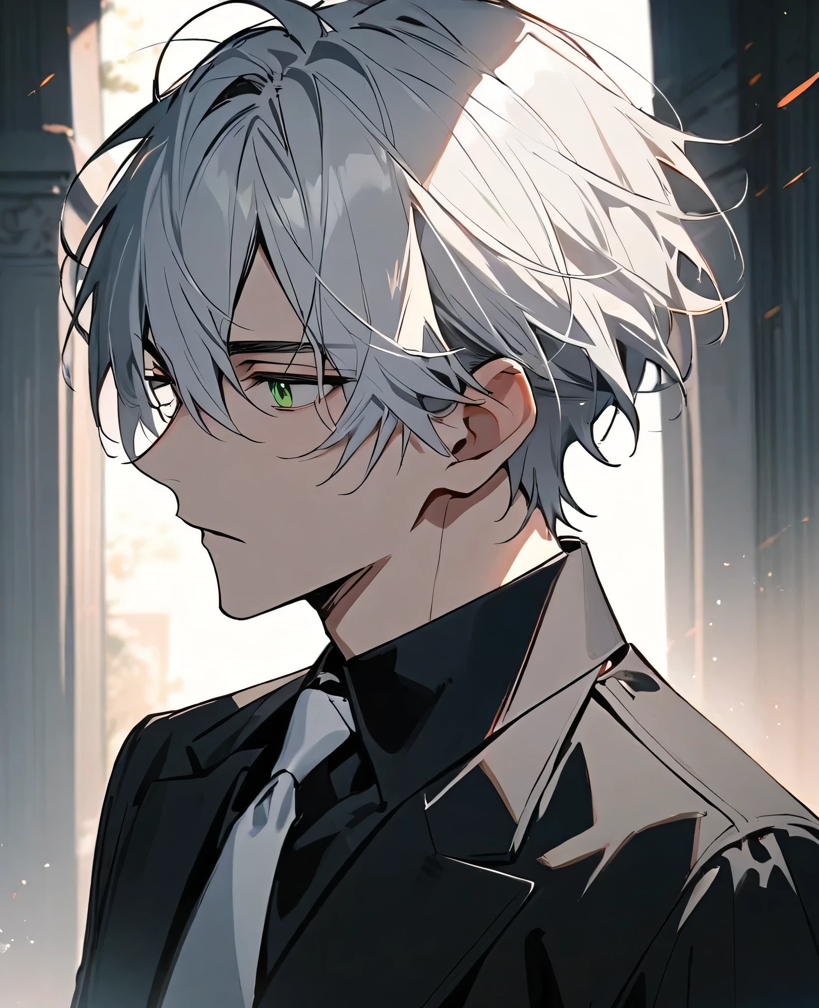 handsome, Alone, 1 Male, short hair, White hair、Green eyes, black shirt, white tie, side