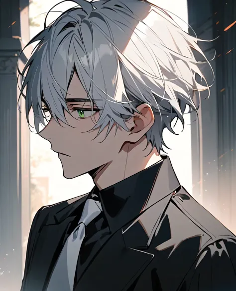 handsome, alone, 1 male, short hair, white hair、green eyes, black shirt, white tie, side