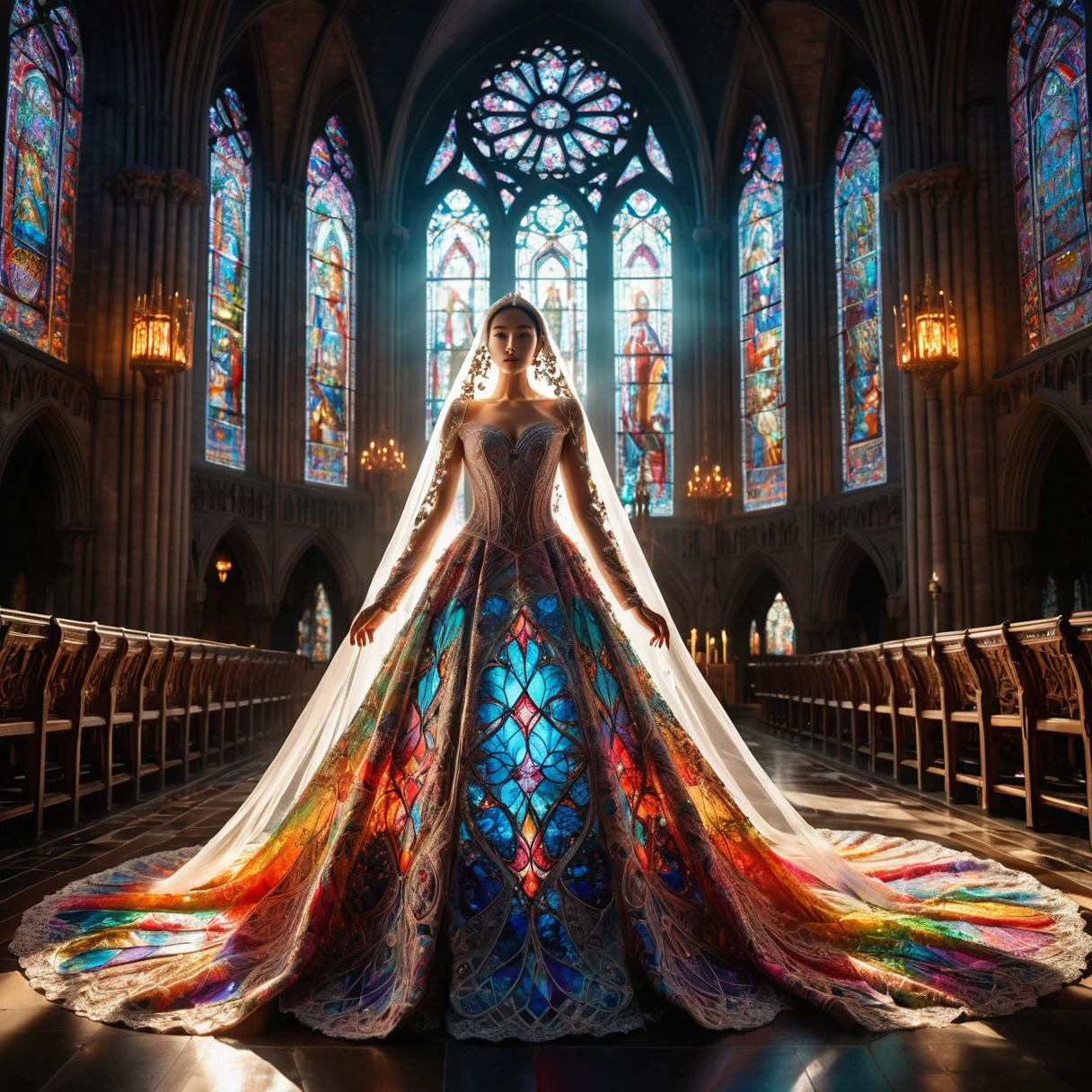 A woman with a shining aura。Wear elaborate neon-colored outfits with intricate details、Sunlight pours in through the skylight、Standing in a dark cathedral decorated with stained glass。The woman is wearing an elaborately decorated wedding dress and wedding veil.。.、Hourglass Shape、Cinema Lighting、Dramatic atmosphere、Very detailed、Vibrant colors、Photorealistic、8k、Best Quality