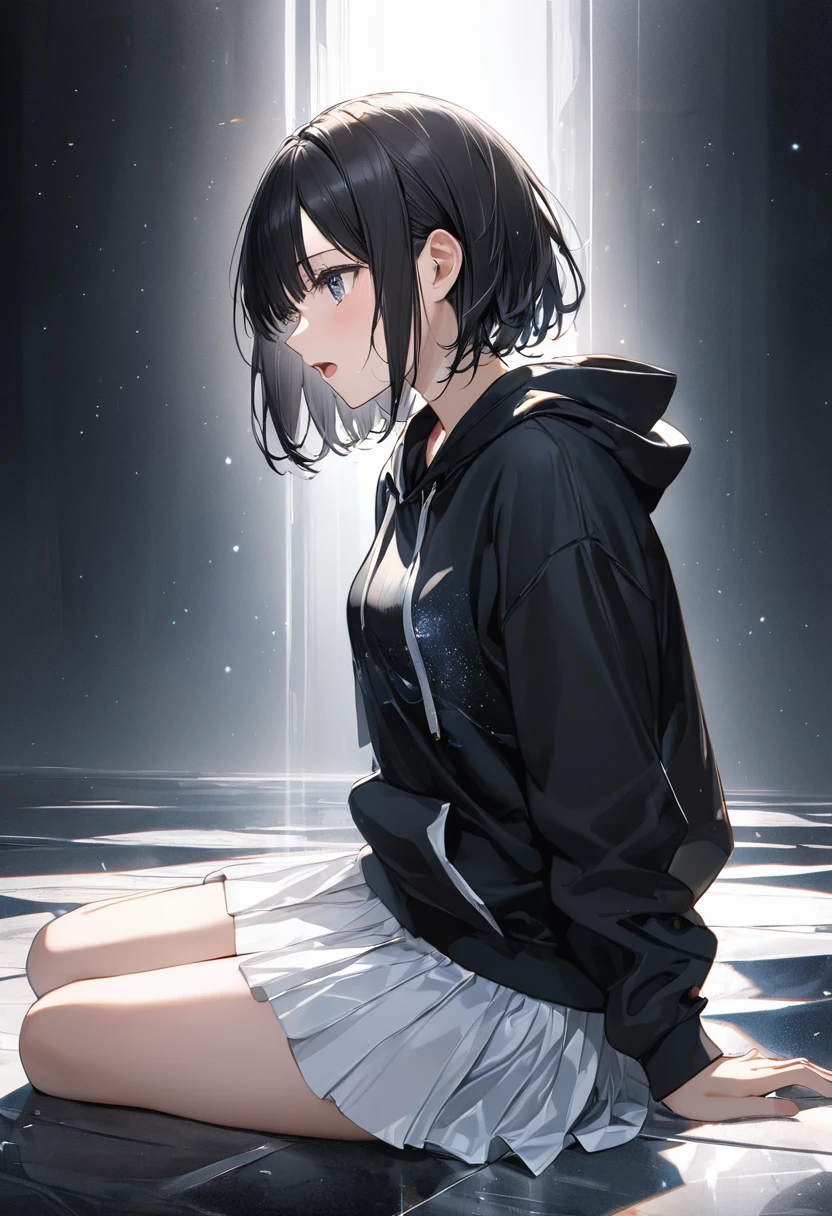 anime、((Amazingly absurd)),(masterpiece:1.2),超High resolution, Attention to detail, high quality, High resolution, 最high quality, 4K, 8k、One woman、Glass Clothes、Black hoodie、White Skirt、Black Hair、Short Hair、Sitting on the floor、Crying、profile、Open your mouth、Atmosphere of despair、White and black background、Reach out in front、To ask for help、Light shines in from the direction of your outstretched hand、it&#39;s raining、A look of despair、3rd person perspective、Side view composition