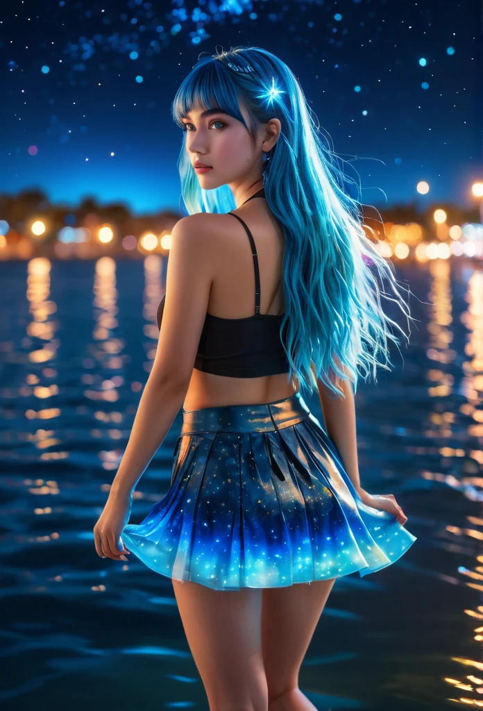 a woman gazing at the viewer, standing on water at night, long blue hair with bangs, detailed realistic portrait, 16k wallpaper, extremely detailed, glowing skin, shallow depth of field, vivid colors, 1 woman, (curvy figure:0.4), (full body:0.6), random hairstyle, blue eyes, skirt, looking back, neon, stars (sky), upper body