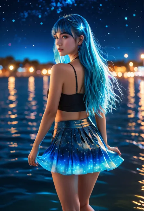 a woman gazing at the viewer, standing on water at night, long blue hair with bangs, detailed realistic portrait, 16k wallpaper,...