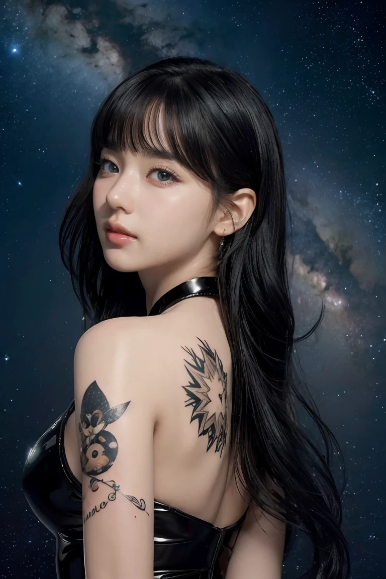 (8k), (highest quality), (best details)space base、Milky Way、jet black hair、Shining golden eyes、tattoo、There&#39;s a cute French girl、Black Space Suit、unlimited、white skin、Massive black hole、Helmet