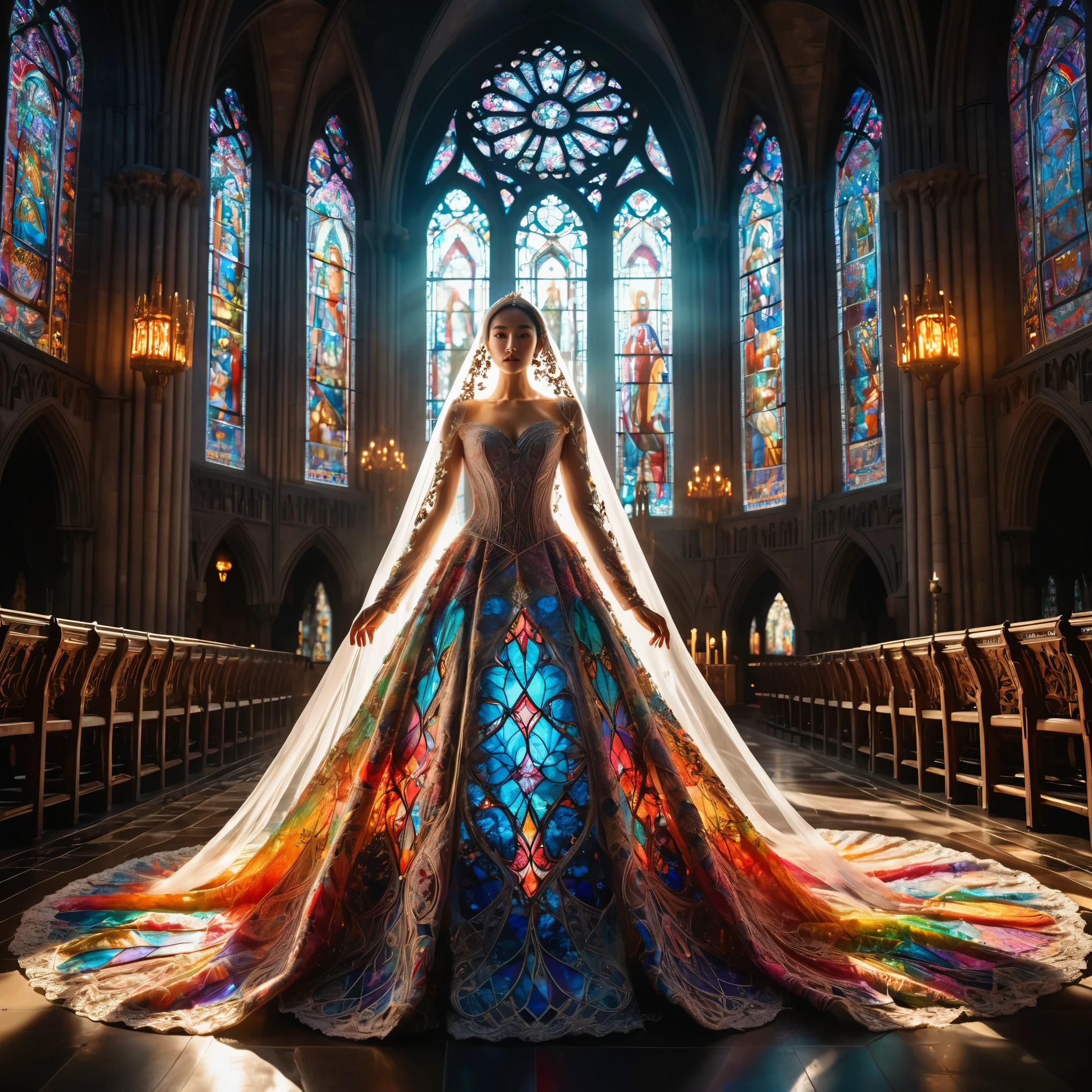 A woman with a shining aura。Wear elaborate neon-colored outfits with intricate details、Sunlight pours in through the skylight、Standing in a dark cathedral decorated with stained glass。The woman is wearing an elaborately decorated wedding dress and wedding veil.。.、Hourglass Shape、Cinema Lighting、Dramatic atmosphere、Very detailed、Vibrant colors、Photorealistic、8k、Best Quality